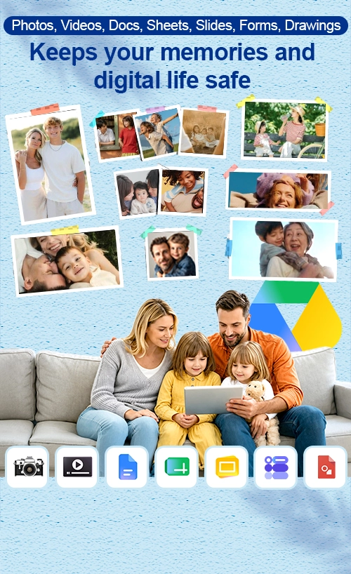 A family using a tablet to view photos, videos, docs, sheets slides, forms drawings. Ahsay backup service keeps their data safe