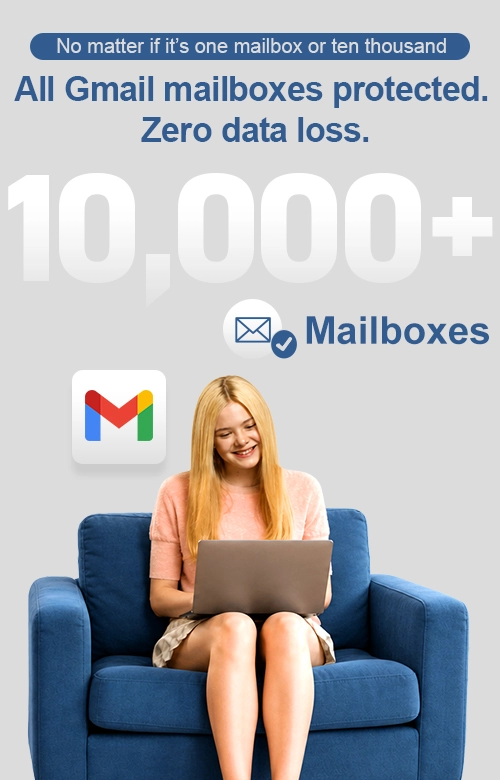 Ahsay user in an armchair using Google Gmail, with icons representing the secure backup of over 10,000 emails and attachments