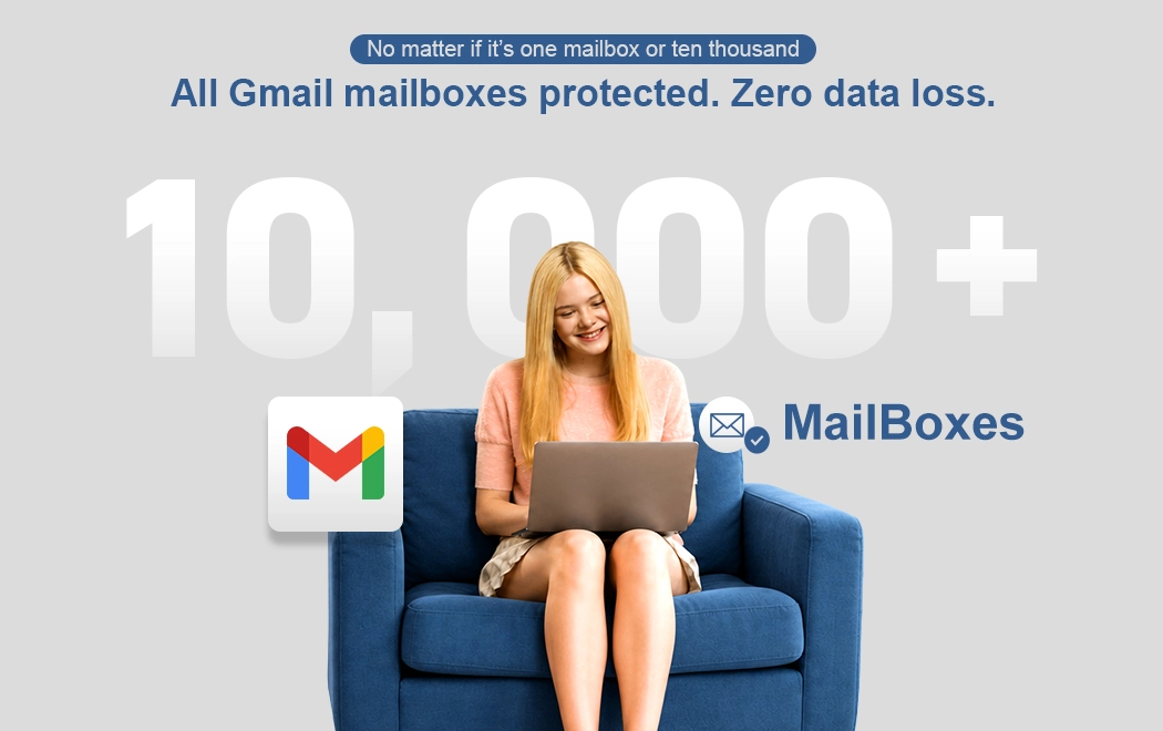 Ahsay user in an armchair using Google Gmail, with icons representing the secure backup of over 10,000 emails and attachments