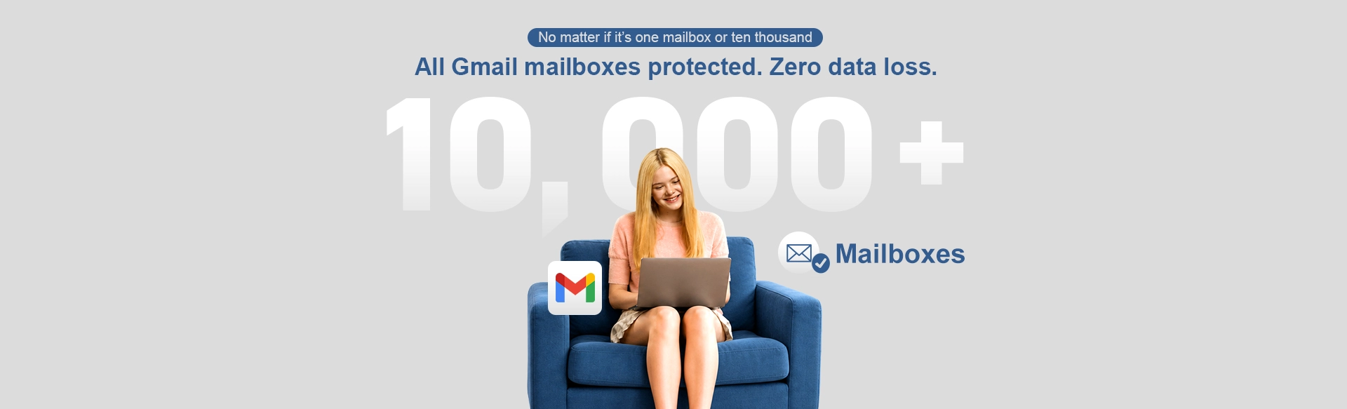 Ahsay user in an armchair using Google Gmail, with icons representing the secure backup of over 10,000 emails and attachments