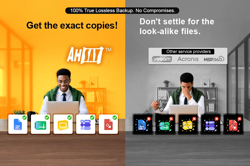 Satisfied user using Ahsay lossless backup for Docs, Sheets, Slides, Drawings & forms versus other solution user lost their data