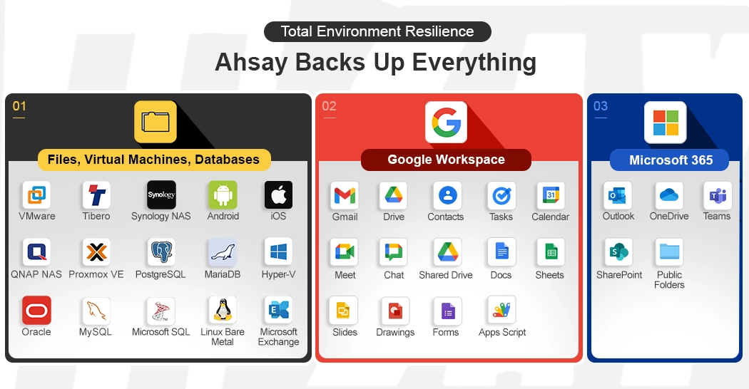 Three charts show Ahsay backs up everything, including files, virtual machines, databases, Google Workspace, & Microsoft 365.
