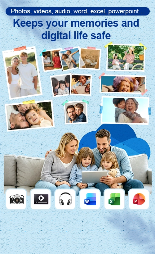 A family using a tablet to view photos, videos, and files. It's Ahsay backup that keeps their memories and digital live safe