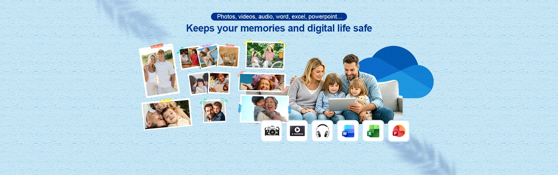 A family using a tablet to view photos, videos, and files. It's Ahsay backup that keeps their memories and digital live safe