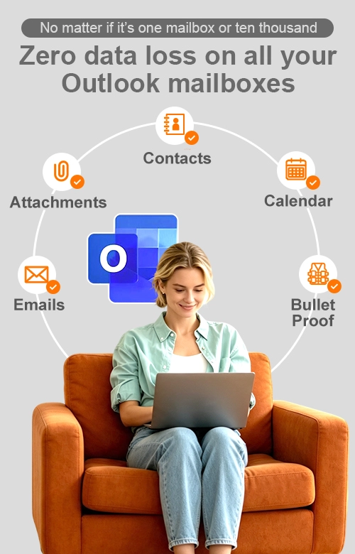 Ahsay user sits on an armchair using a laptop, with icons representing Emails, Attachments, Contacts, Calendar, Bullet Proof