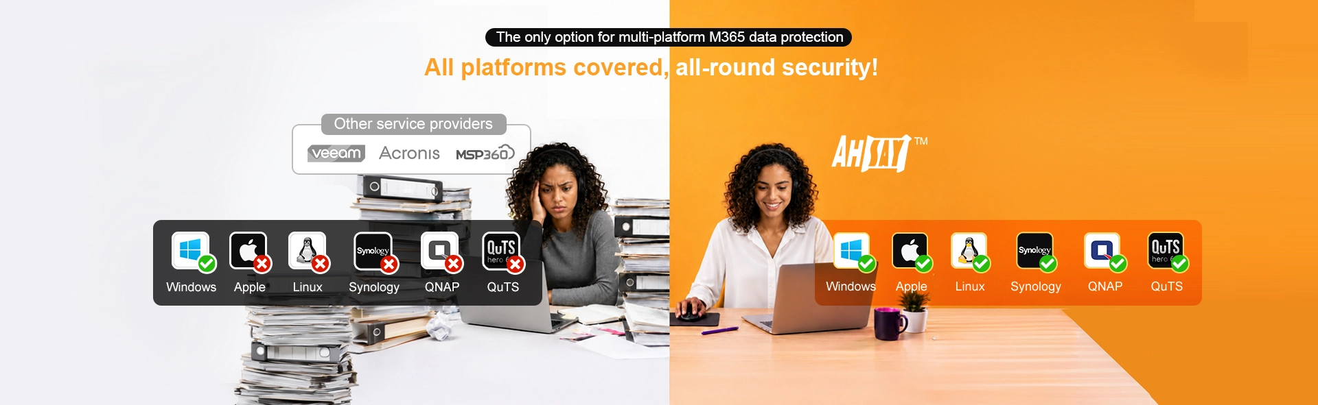 Ahsay covers Microsoft 365 backup from Windows, Apple, Linux, Synology to QNAP, while Veeam, Acronis, MSP360 only support Windows