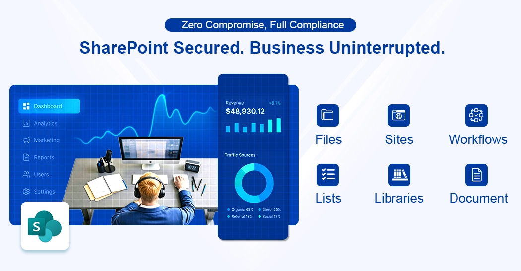 Ahsay user sits at a desk facing a monitor while Ahsay's Microsoft 365 SharePoint backup delivers business continuity