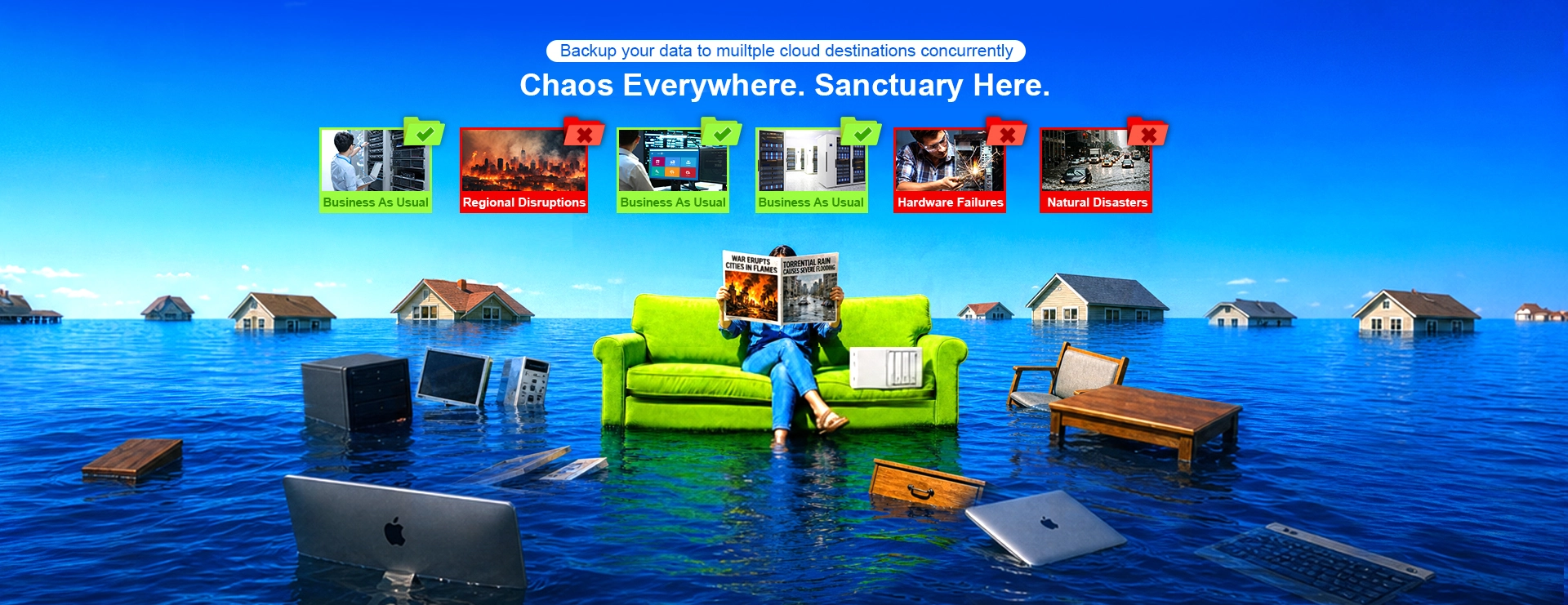A person relaxes on a sofa amid a flood, showing 'Sanctuary' during disasters, with Ahsay multi-destination cloud backup