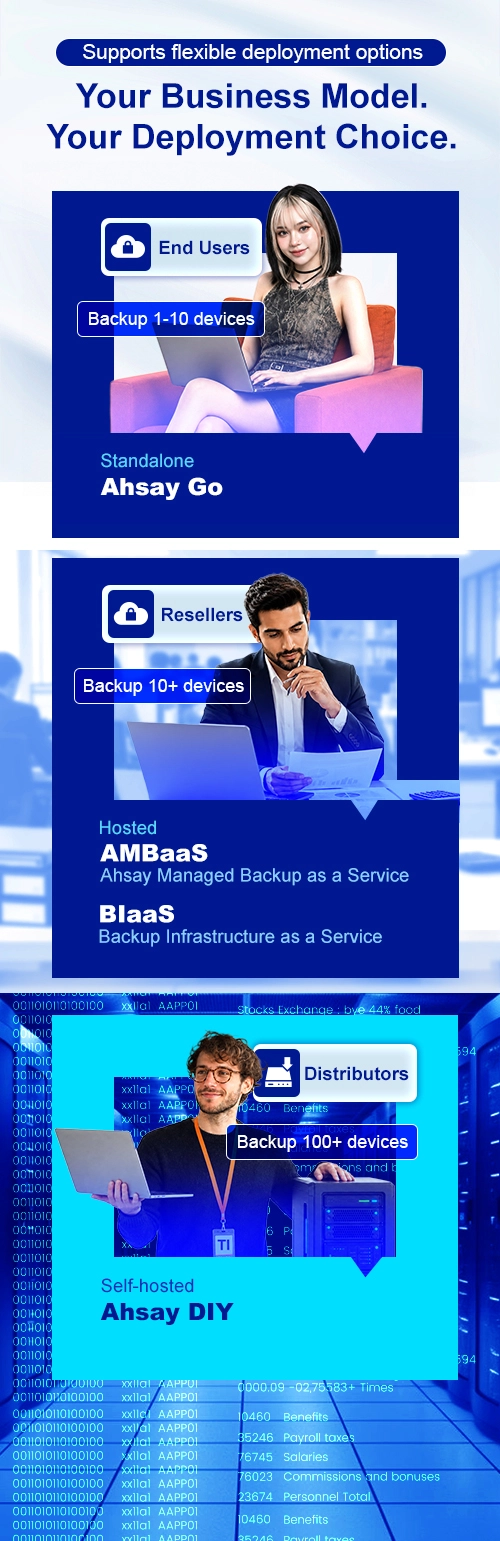 Ahsay offers flexible backup deployment choices for end users, resellers, and distributors to fit any business model.