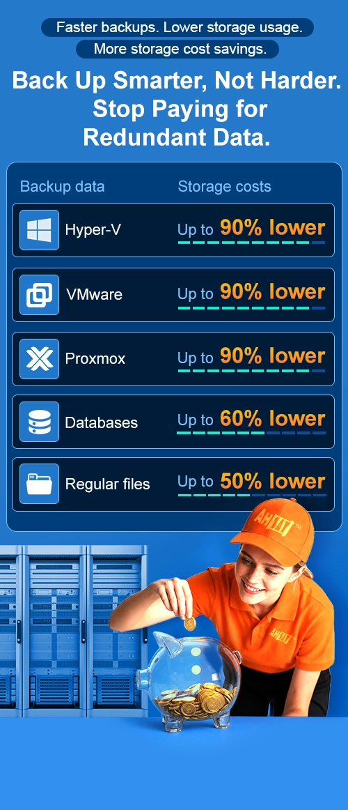 A table showing Ahsay back up smarter with up to 90% lower storage costs for Hyper-V, VMware, Proxmox, databases, and files.