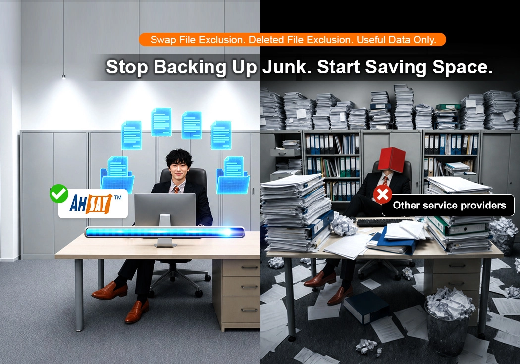 Clean office vs messy office. Ahsay Proxmox Backup: Back up useful data; exclude swap files & deleted files