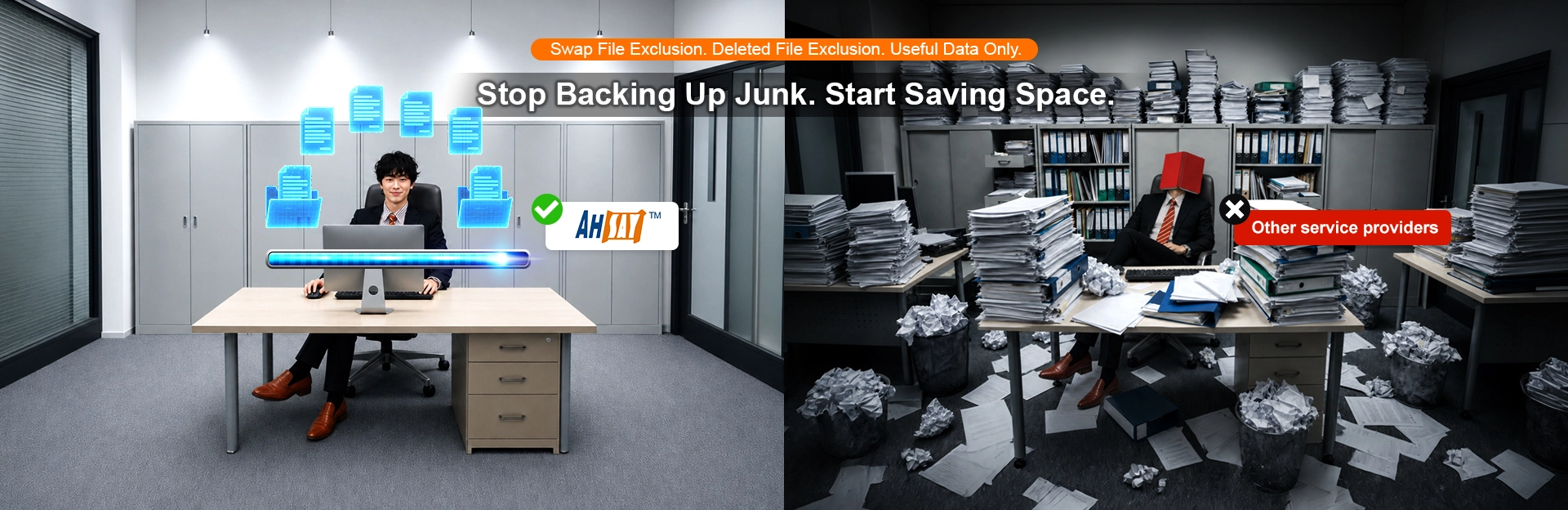 Clean office vs messy office. Ahsay Proxmox Backup: Back up useful data; exclude swap files & deleted files