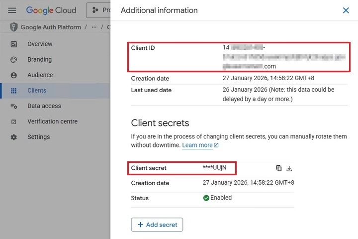 Client ID and Client Secret in Google Auth Platform