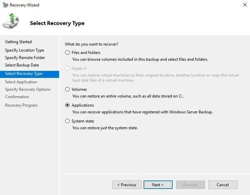 Applications Recovery Type